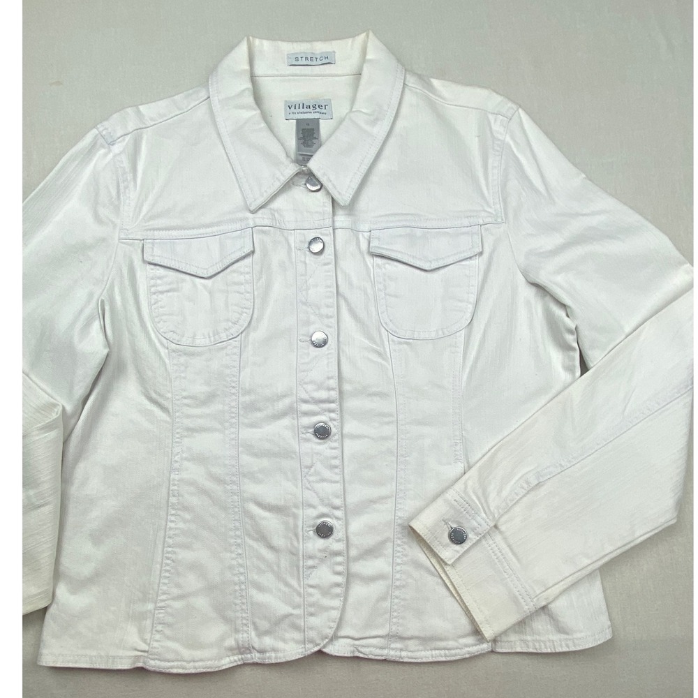 Villager Liz Claiborne White Denim Trucker Jacket Stretch Cotton Womens 16